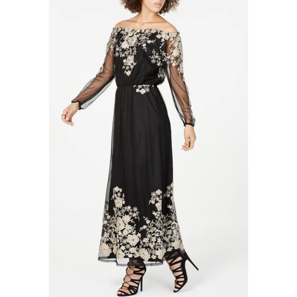 Nine West Gold Embroidered Off-The-Shoulder Maxi Dress